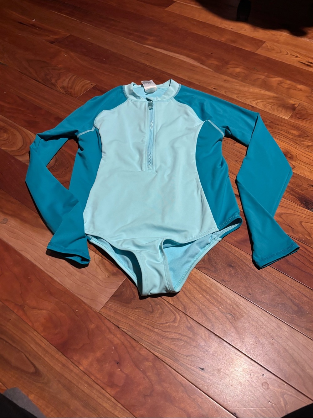 Lands' End Kids One-Piece Rash Guard Swimsuit - Light Aqua & Teal Size XL 14-16